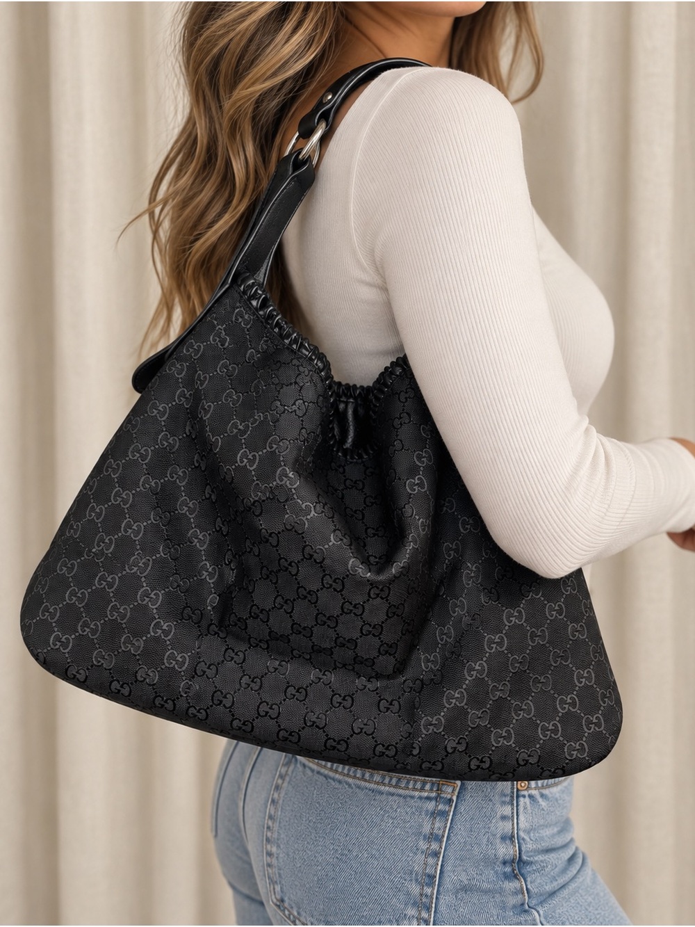 Gucci Pelham Large Tote Bag Black GG Monogram Canvas Leather Studded